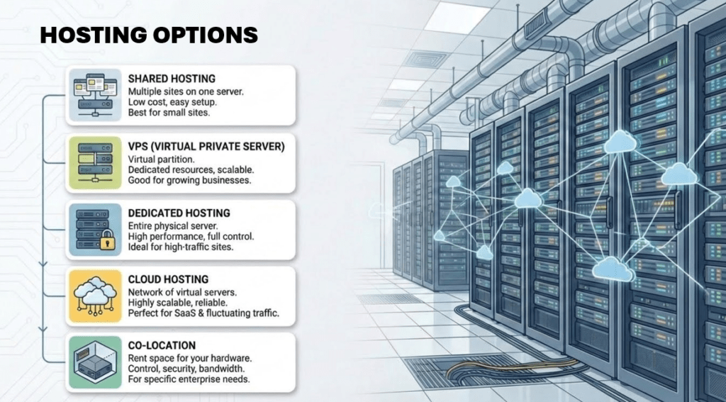 Website hosting options image: Shared hosting, Virtual Private Server, Dedicated Hosting, Cloud Hosting, Co-Location hosting